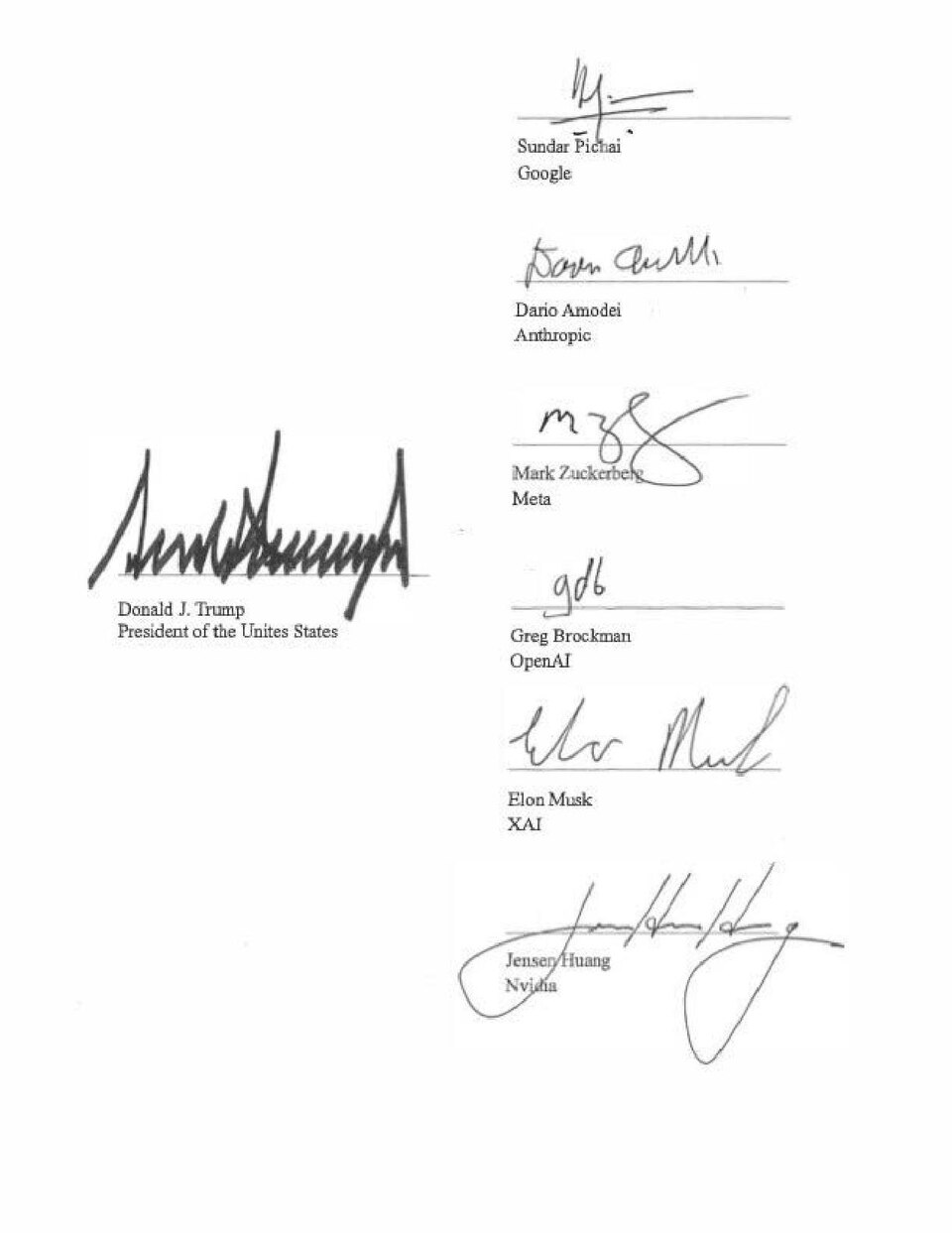 Signature page of the White House Accord on Super Intelligence showing signatures from President Donald Trump and leaders of Google, Anthropic, Meta, OpenAI, xAI and NVIDIA.