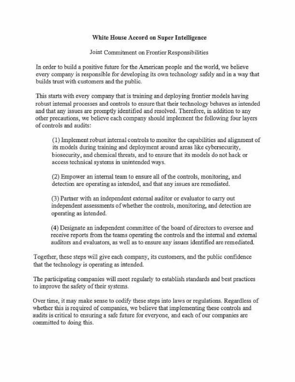 First page of the White House Accord on Super Intelligence, outlining four layers of responsibility for companies developing and deploying frontier models.