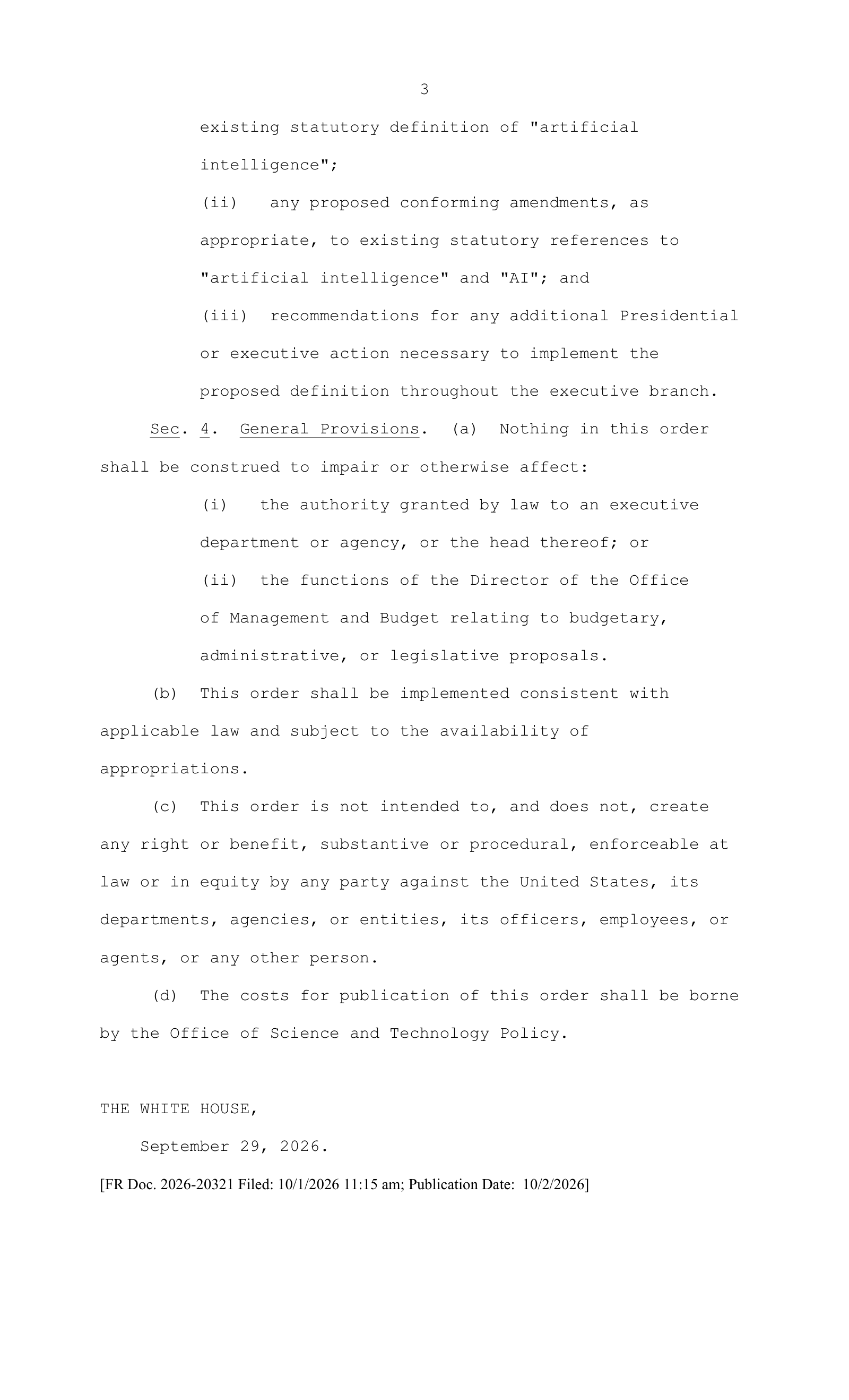 Third page of Executive Order 14434 showing the continuation of the proposed definition provisions and Section 4 General Provisions, including the clause stating that the Order creates no enforceable right or benefit.