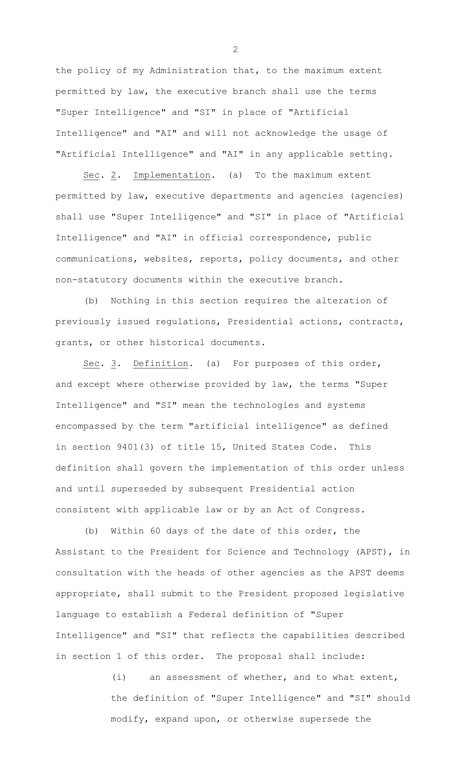 Second page of Executive Order 14434 showing implementation of the Super Intelligence terminology, the current federal definition, and the 60-day instruction to prepare proposed legislative language.