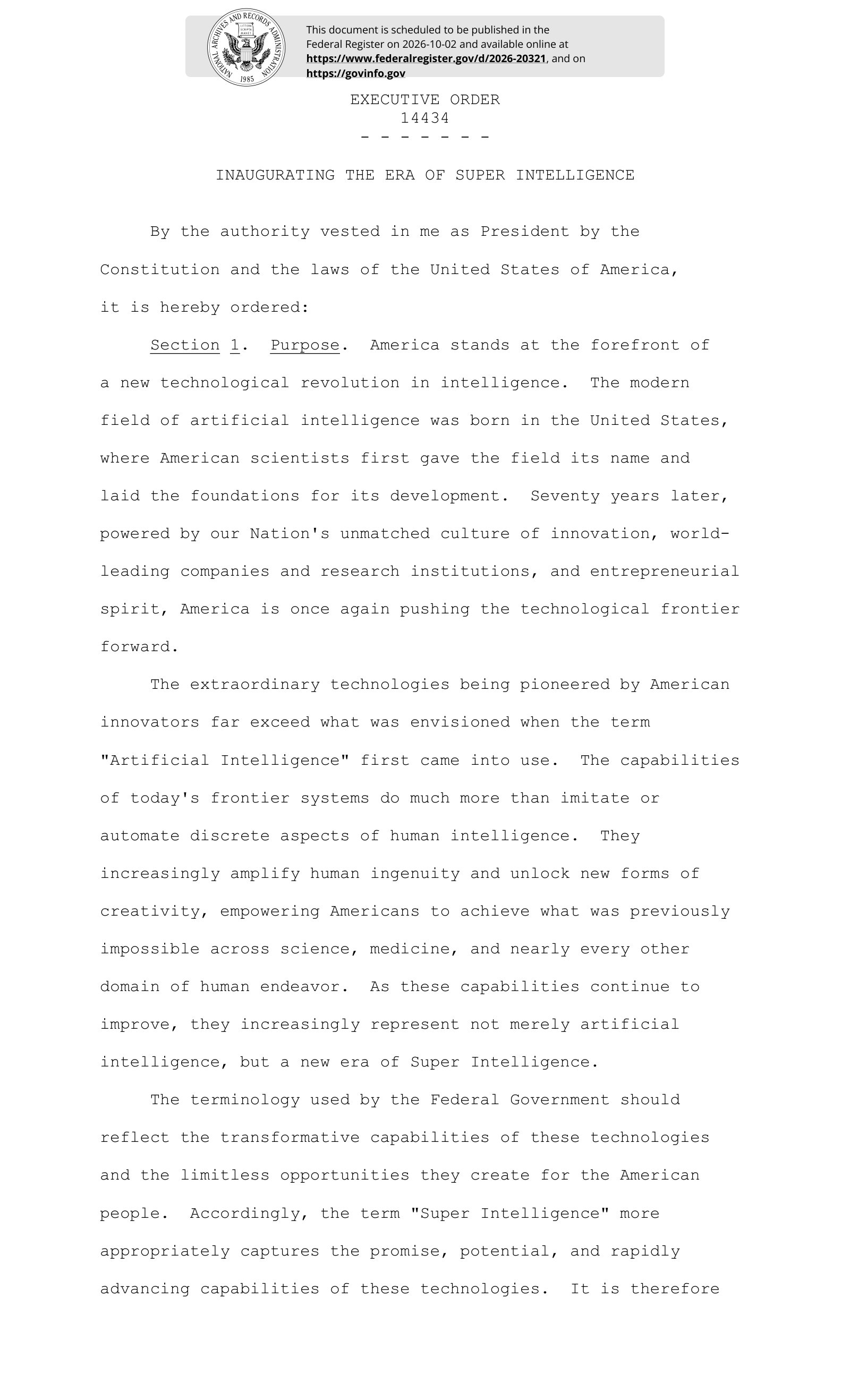 First page of Executive Order 14434, Inaugurating the Era of Super Intelligence, setting out the purpose of the Order and the federal shift from Artificial Intelligence to Super Intelligence terminology.